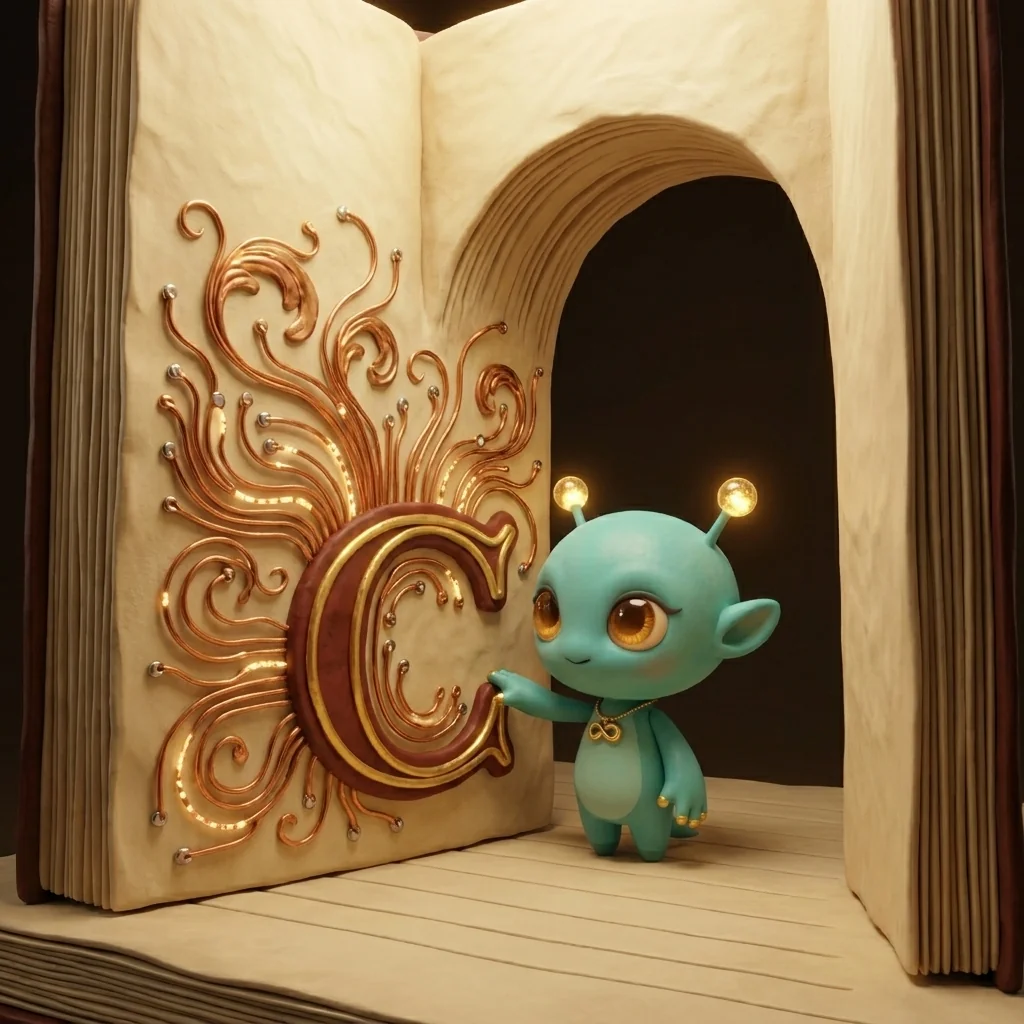 Nova touching an illuminated initial whose gilt vines are glowing copper circuit traces, in the Circuit Manuscript universe — data as a new medium