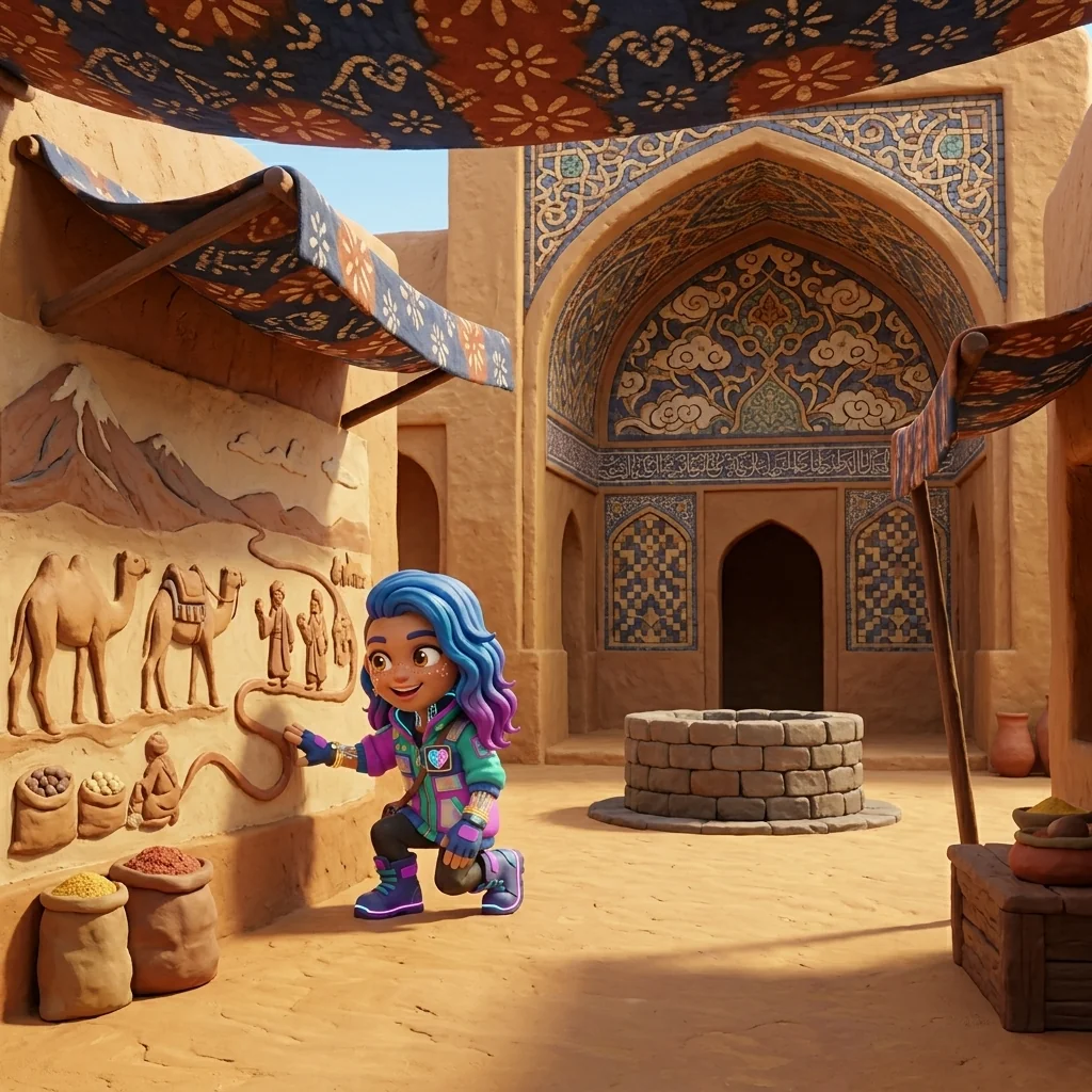 Stella tracing a caravan bas-relief in the Silk Road Interchange — following the supply chain back to its source