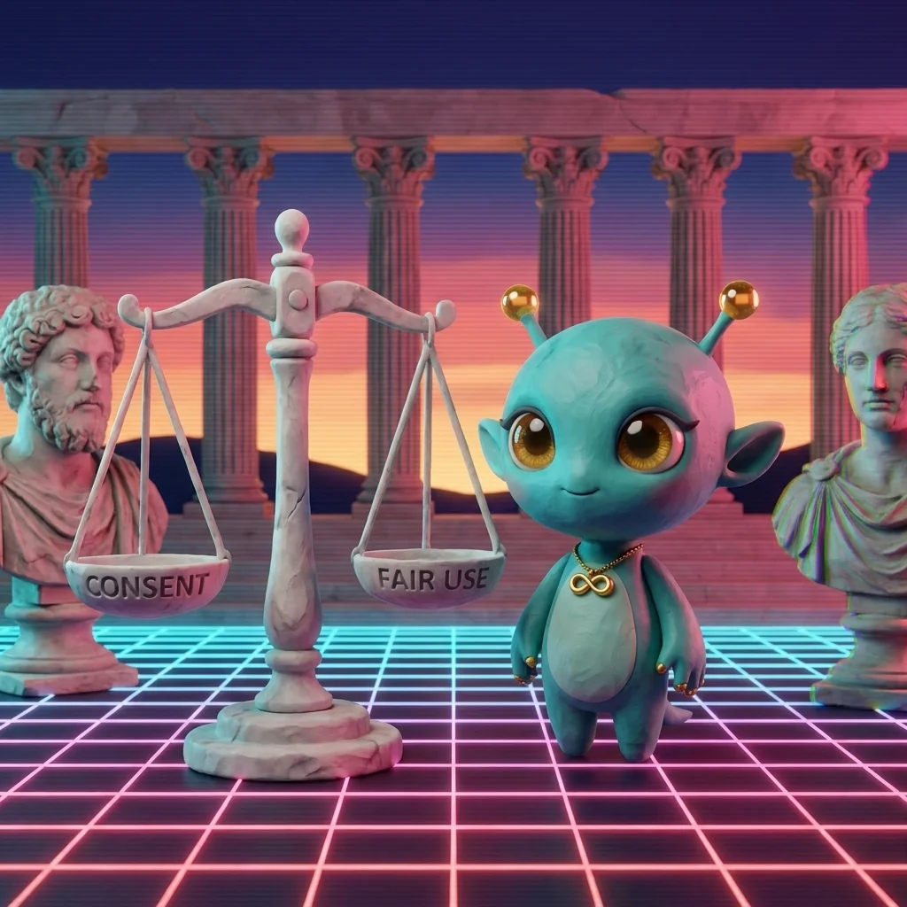 Nova beside a marble scale weighing CONSENT against FAIR USE, in the Vaporwave Antiquity universe