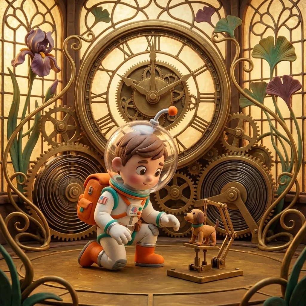 Cosmo at a brass animation rig with a clay-dog puppet beside a giant clock, in the Clockwork Garden universe — ten seconds a day