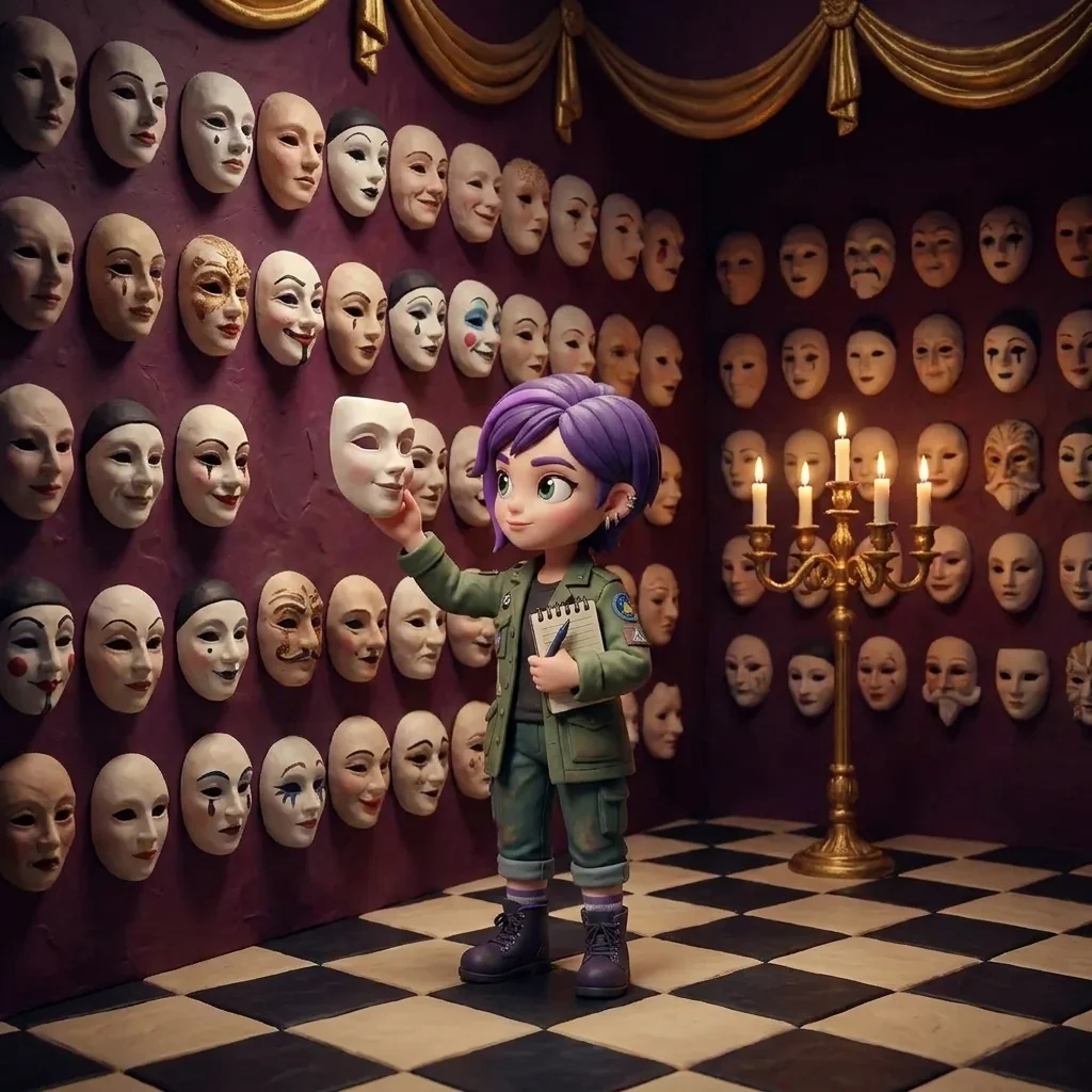 Luna lifting one mask from a wall of hundreds in the Venetian Mask Multiverse — the many faces it takes to make one feel real