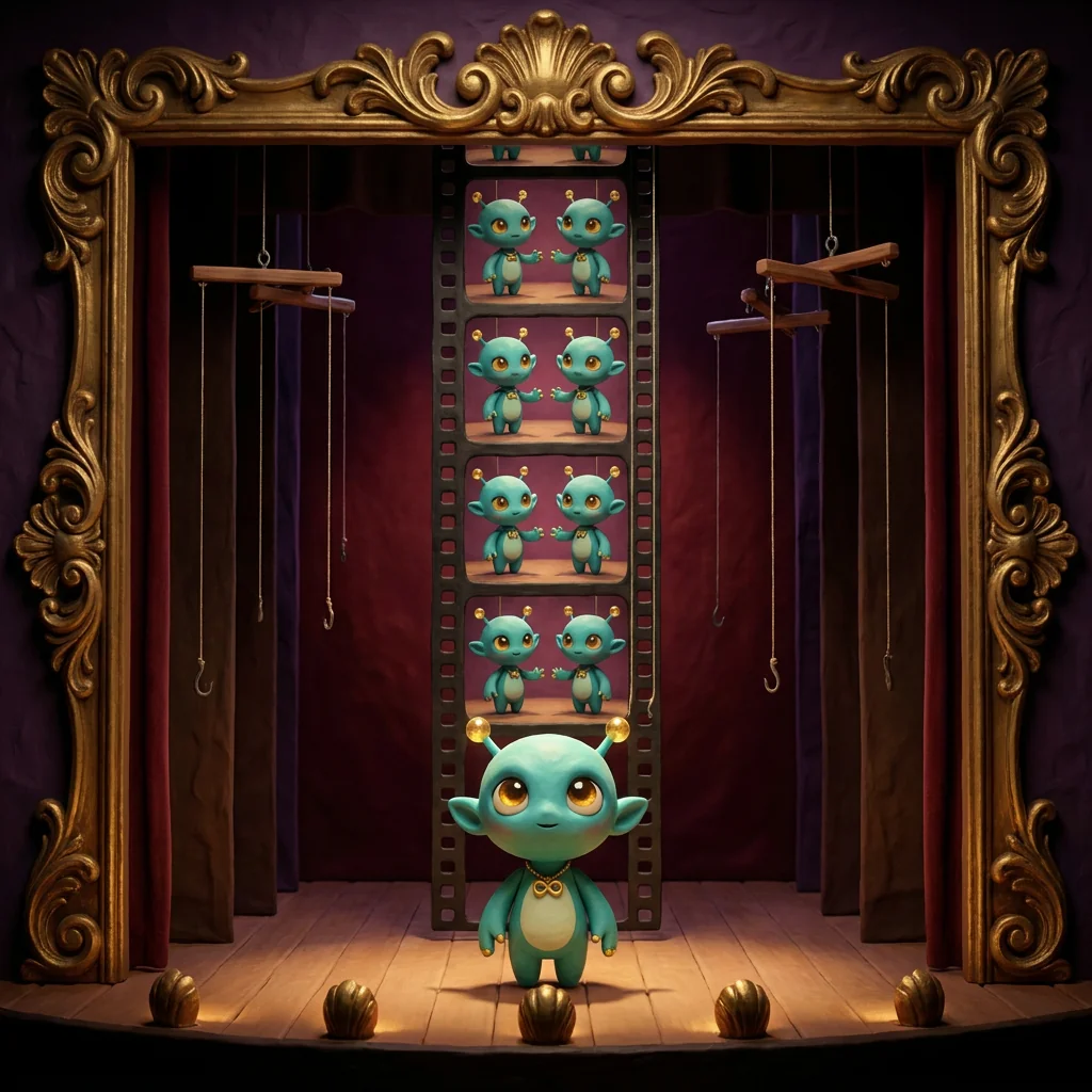 Nova on a marionette stage with a filmstrip of doubled clay figures hung on strings, in the Marionette Cosmos universe — animated "on twos"