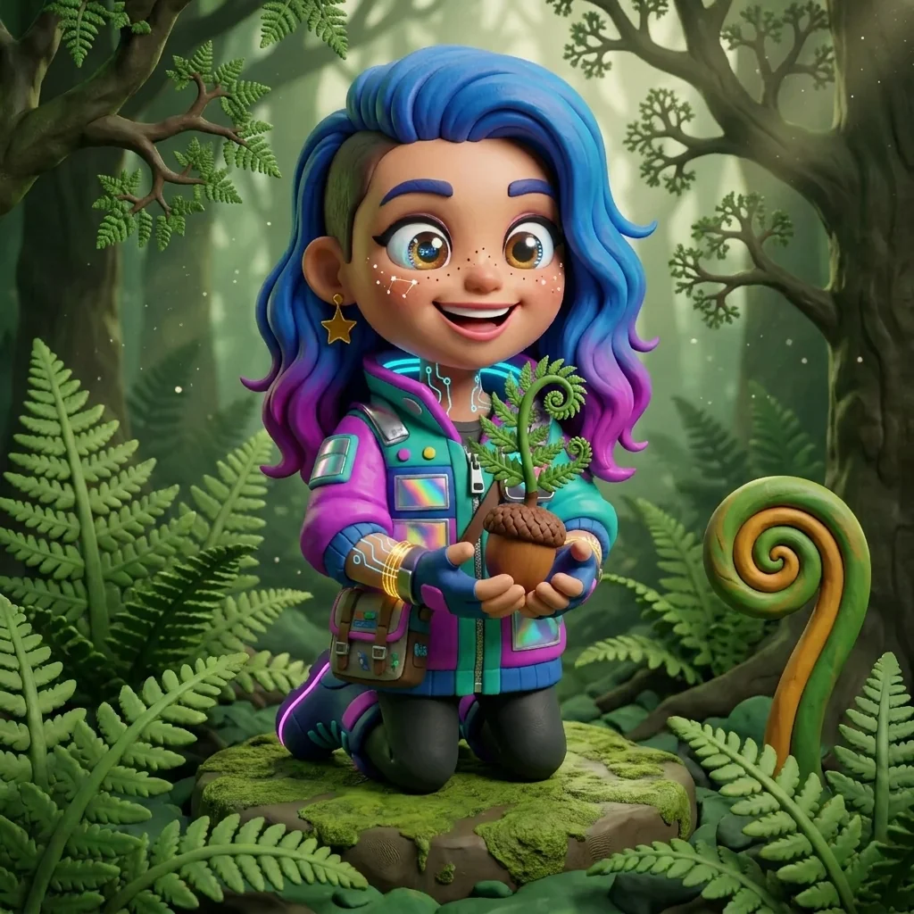 Stella cupping a clay acorn from which a recursive fern unfurls, in the Fractal Wilderness universe — the creation of a thousand forests in one acorn