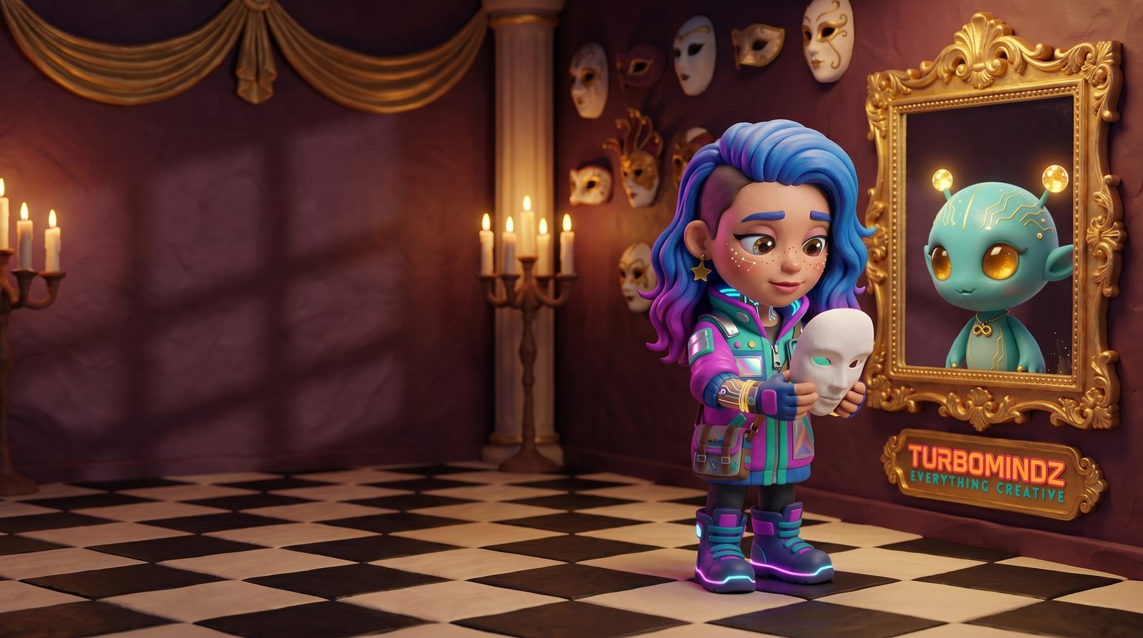 Stella holding a white Venetian volto mask like a vow, Nova reflected in a baroque mirror — the Venetian Mask Multiverse