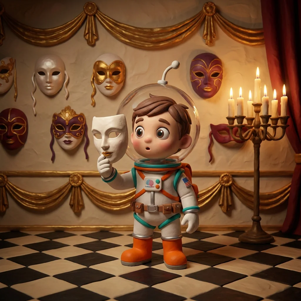 Cosmo holding a white Venetian volto mask up beside his fishbowl helmet in a candlelit masquerade chamber, a wall of masks behind — the Venetian Mask Multiverse: a body wearing a soul