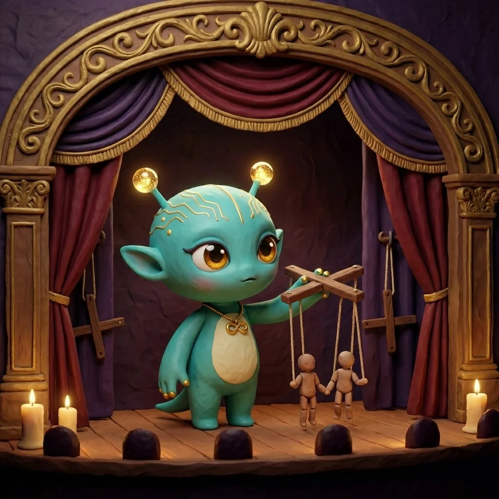 Nova on a baroque marionette stage holding two joined clay puppets on strings, choosing not to cut them — the Marionette Cosmos: an "and," not an "or"