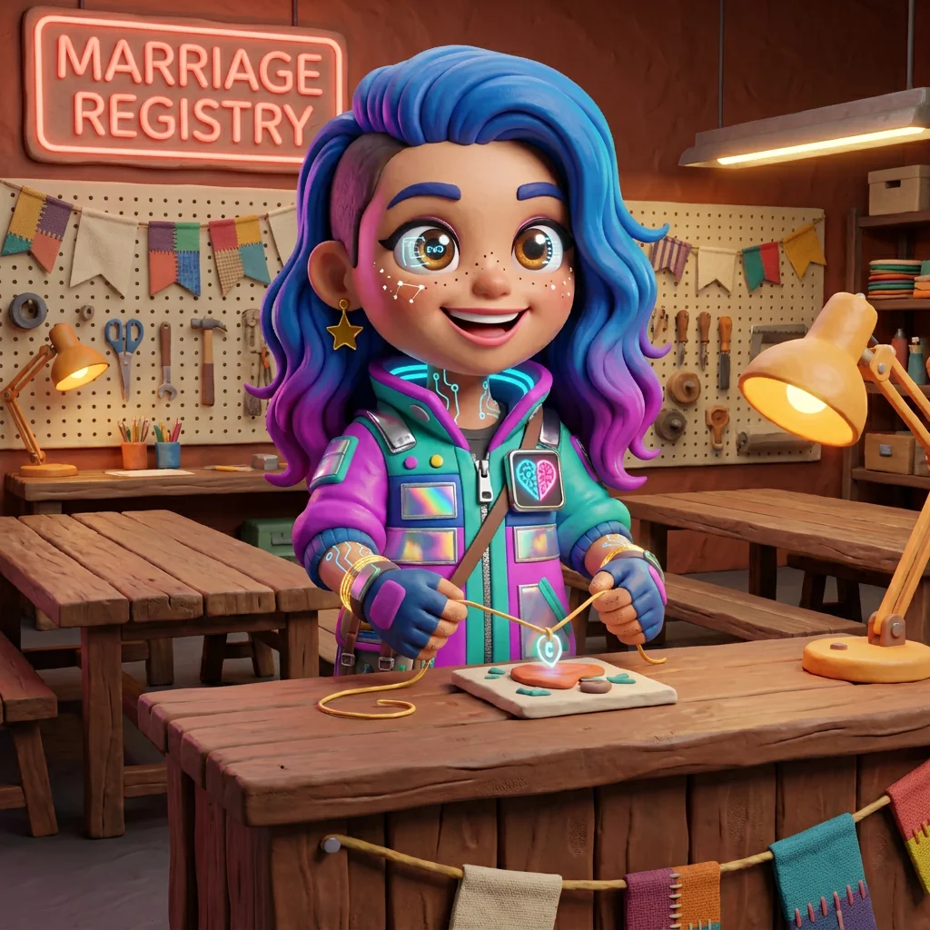 Stella at the Village marriage registry binding a glowing token and a hand-made artwork with a single continuous gold thread — a one-to-one vow, witnessed