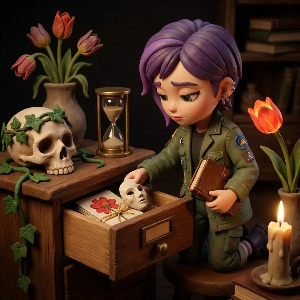 Luna filing a bound pair — a tiny mask and a pressed flower tied with gold thread — into a herbarium drawer in a candlelit Memento Mori study: what is kept is remembered