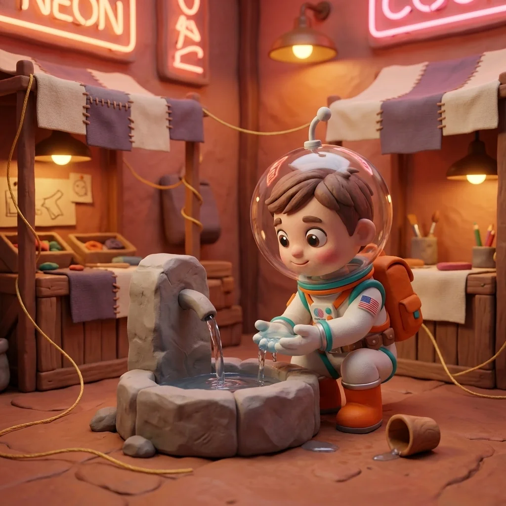 Cosmo crouched at a fountain in The Village marketplace, watching water pool in his own cupped hands while a discarded wooden cup rolls away — the moment plain seeing beats owning