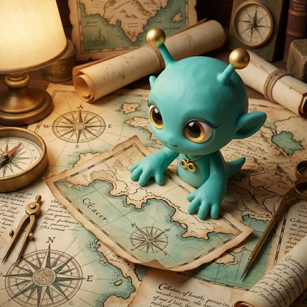 Nova in the Cartographer's Dreams universe, tracing one inked coastline on a wall of antique maps and choosing the single chart the eye keeps returning to — attention as the collector's real instrument