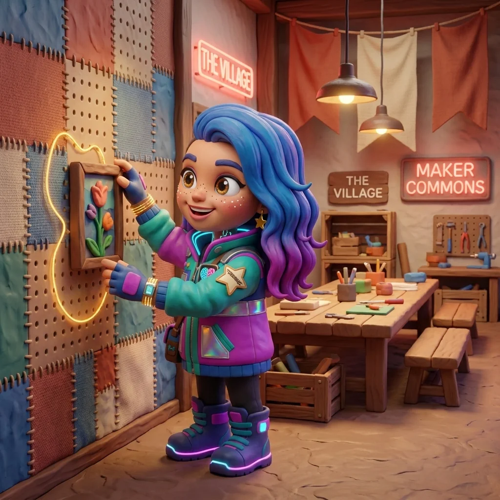 Stella at the long communal table in The Village, pinning a new visitor's first small artwork to the patchwork wall as the golden thread self-stitches them into the weave — no waiting room, you belong at fifty dollars