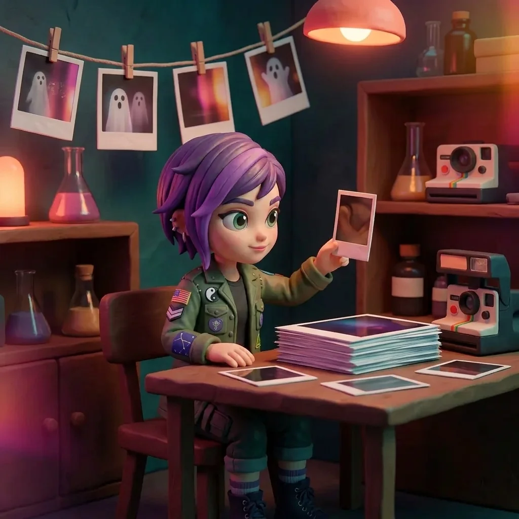 Luna in the Polaroid Mysticism universe, holding one small developing print up to coral neon light and choosing it over a stack of bigger, glossier ones — the single piece you keep thinking about
