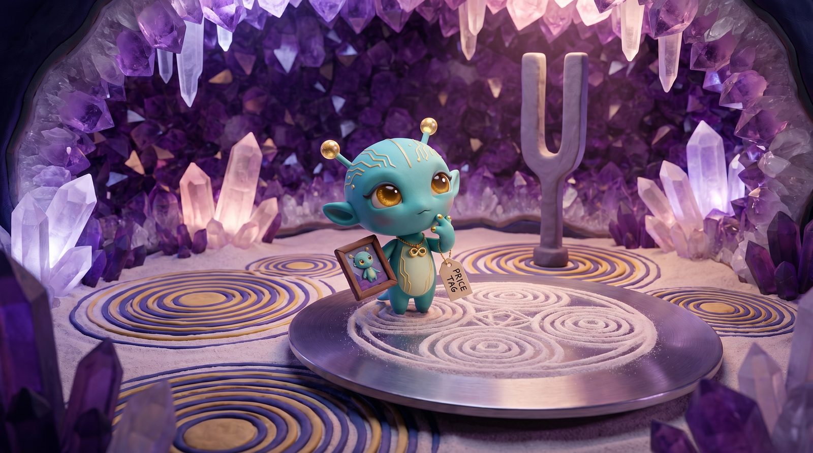 Nova standing on the sounding-floor of the Crystal Frequency geode, holding a small framed artwork in one hand and a dangling price tag in the other, head tilted as cymatic rings bloom in the violet crystal around her