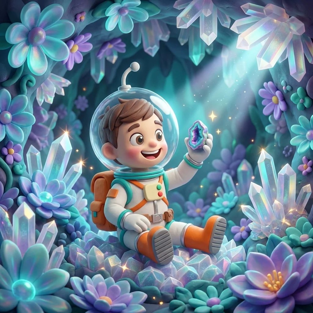 Cosmo with his fishbowl helmet and small bent antenna, sitting cross-legged among slow-growing crystal blooms in the Crystalline Dreamscape universe, holding one small geode up to the light and simply grinning at it
