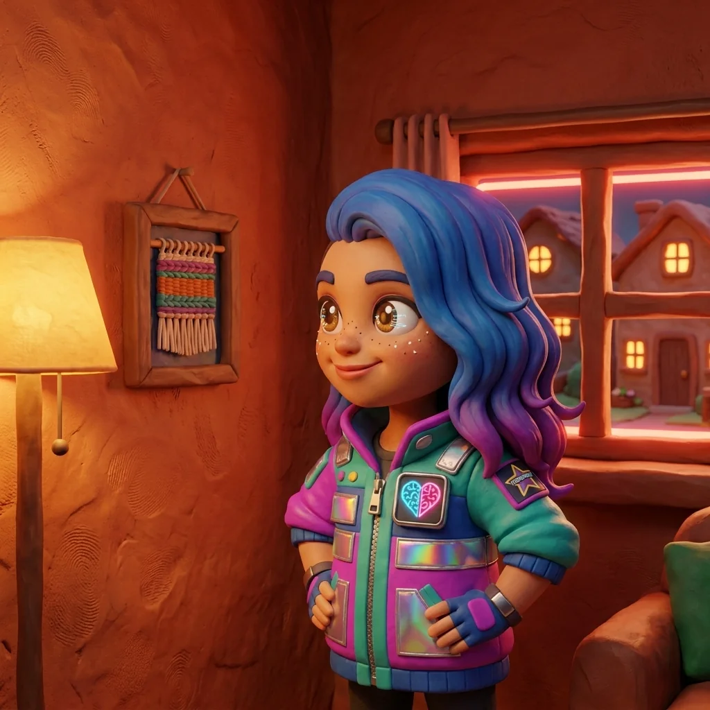 Stella in the warm clay-village square of The Village universe, hanging a small framed artwork on the wall of her own little home, stepping back to look at it with both hands on her hips, neighbors' lit windows glowing behind her