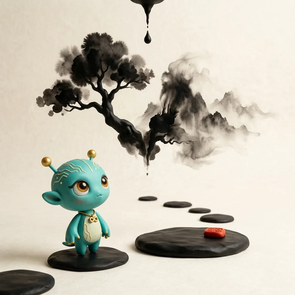 Nova standing small and grounded on a stepping-stone in the Floating Sumi-e Cosmos, looking up as a single drop of ink blooms in the cream void into a tree, then a mountain, then dissolves — the same shape forming, breaking, and reforming across the emptiness
