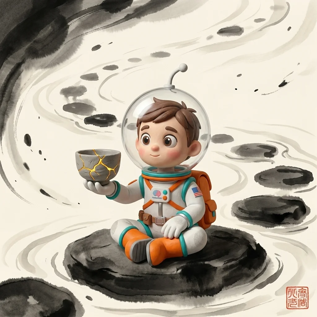Cosmo seated cross-legged on a broad stepping-stone in the Floating Sumi-e Cosmos, his antenna bent on the fishbowl helmet, holding a grey tea bowl whose hairline cracks glow with veins of gold up toward the rice-paper living-light — his face quiet with wonder