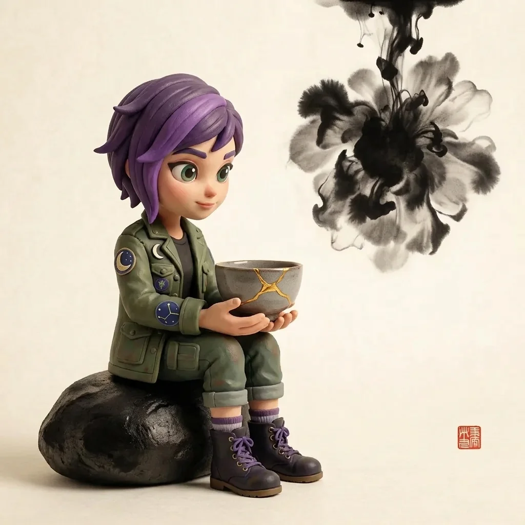 Luna sitting perfectly still on a stepping-stone in the Floating Sumi-e Cosmos, the gold-mended tea bowl resting in her open hands, a single drop of ink blooming and dissolving in the vast cream void behind her — the pattern holding without a word