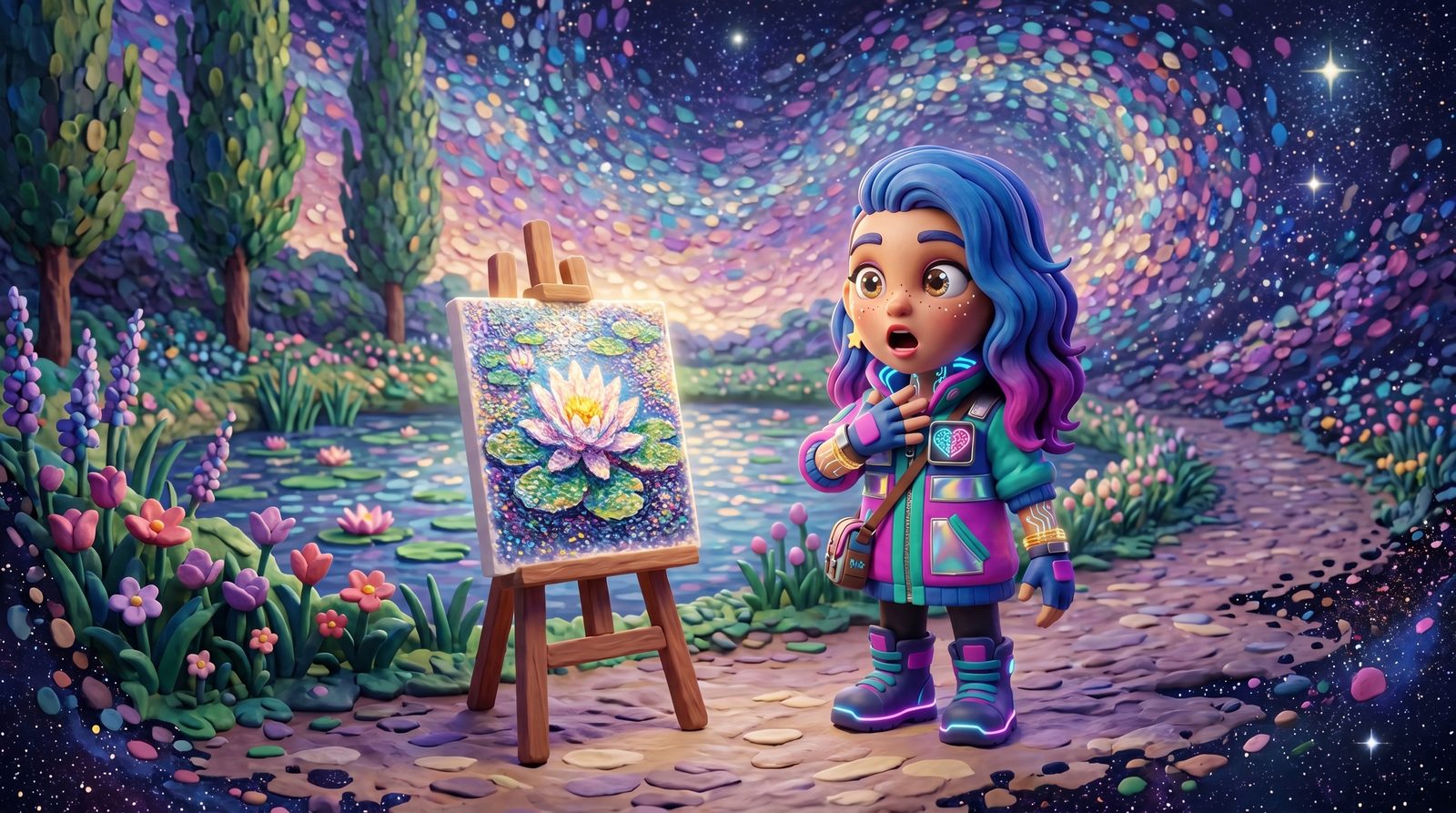Stella caught mid-gasp, hand to her chest, standing before a glowing pointillist water-lily artwork in the Stardust Impressionism universe, violet-lilac stipple dissolving into a star-field