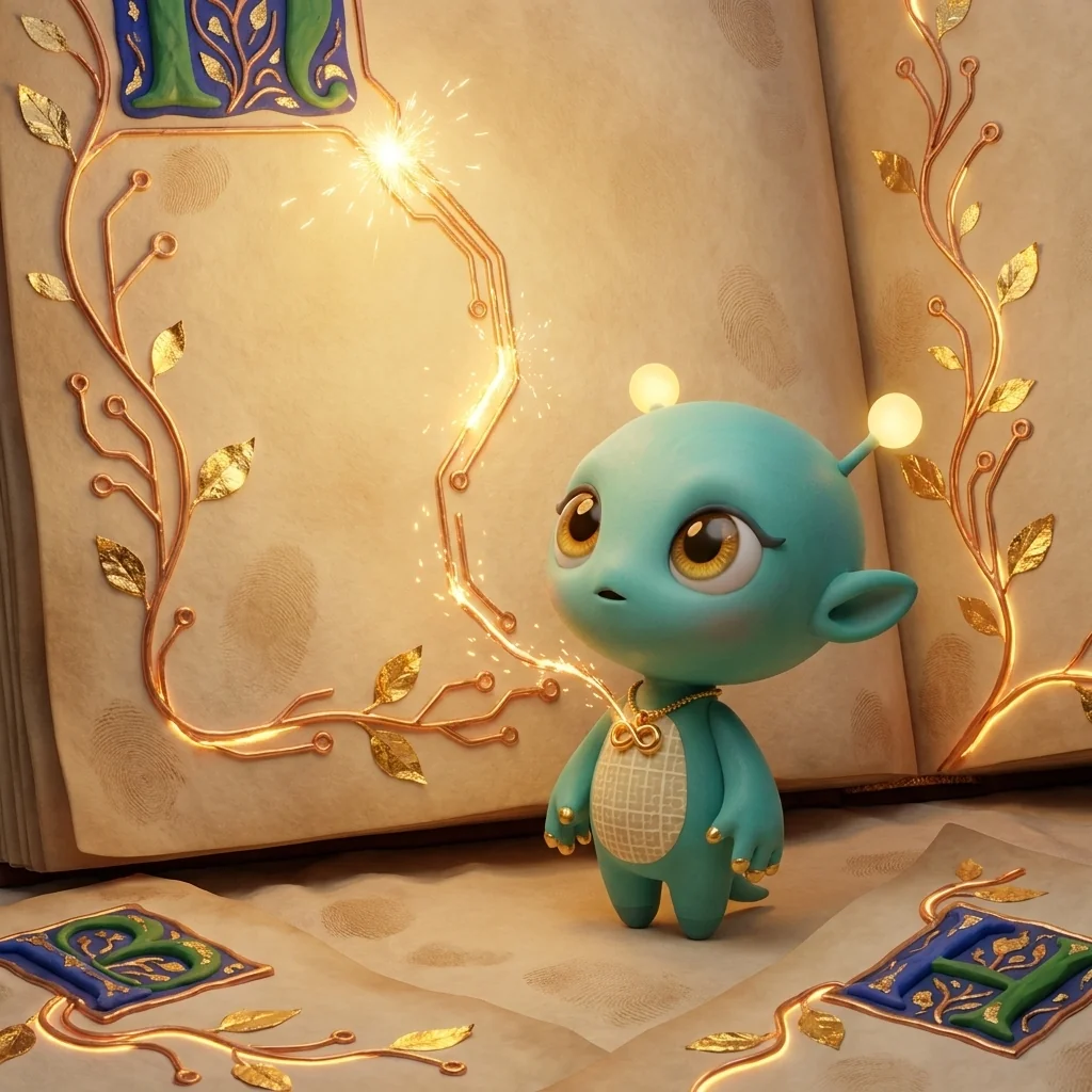 Nova standing beneath an illuminated manuscript page whose gilt vines glow as copper circuit-traces, tracing the spark from eye to chest, in the Circuit Manuscript universe