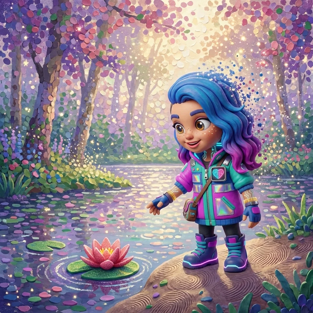 Stella on the far bank of a stippled water-garden in the Stardust Impressionism universe, reaching toward a rose-madder water-lily as poplars dissolve into starlit dabs