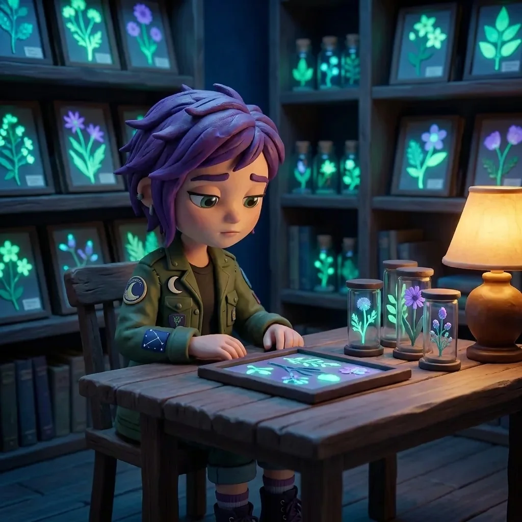 Luna seated alone in a moonlit pressed-flower archive, a single artwork glowing on the table before her, in the Botanical Bioluminescence universe