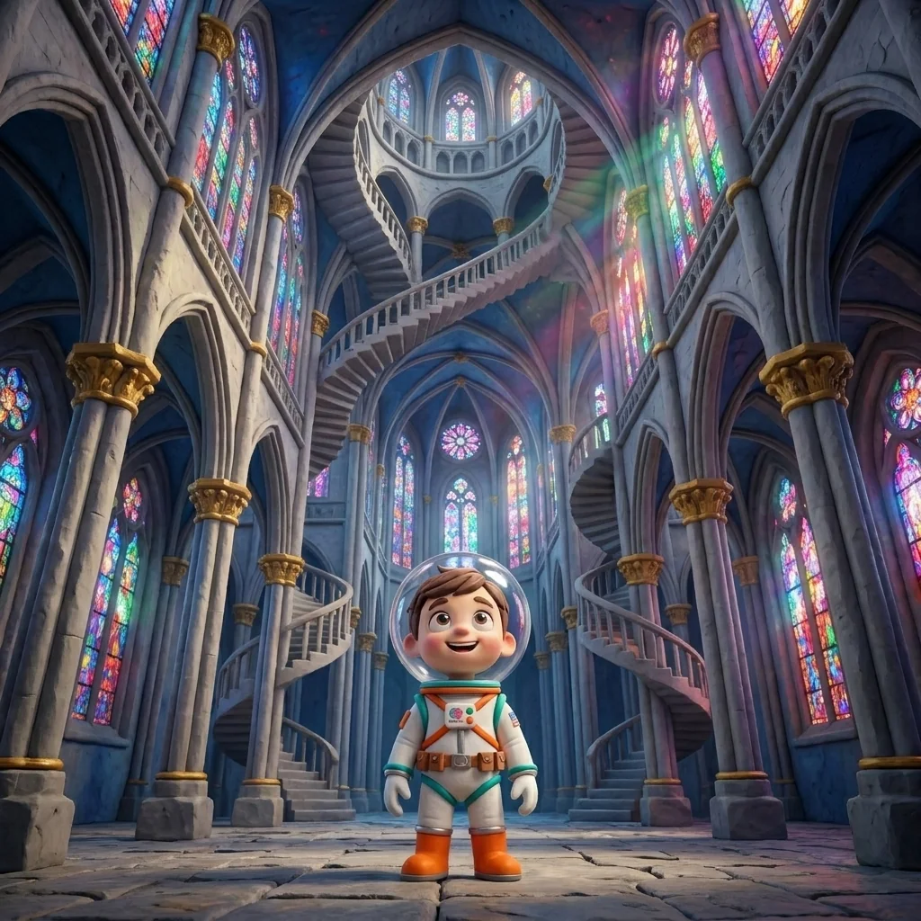 Cosmo, fishbowl helmet with its small bent antenna, gazing up at a vast nebula-cathedral of light in the Cathedral of Sand universe, dwarfed and grinning