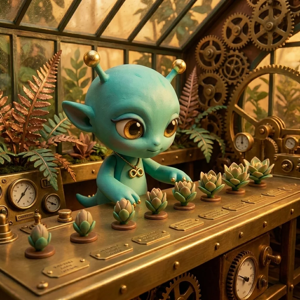 Nova at a long workbench lined with gauge dials and etched-brass specimen tags, lining up a row of identical clay buds each posed one notch further open, in the Mechanical Botanical glasshouse — stills in sequence, the trick that fools the eye