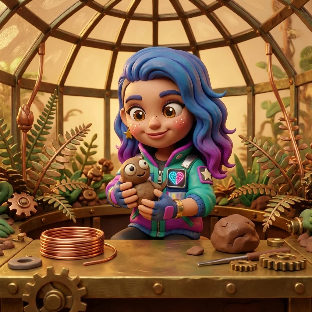 Stella in the conservatory cupping a small, deliberately lopsided clay figure with one eye bigger than the other, a coil of armature wire on the brass bench beside her — a lump of clay counts