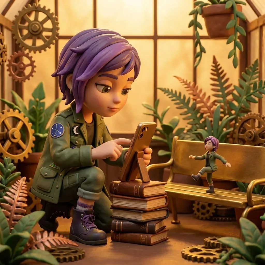 Luna in the glasshouse with a phone propped on a stack of leather-bound books, lit by warm amber light, tapping the shutter on a tiny clay figure mid-step — move a little, shoot, repeat