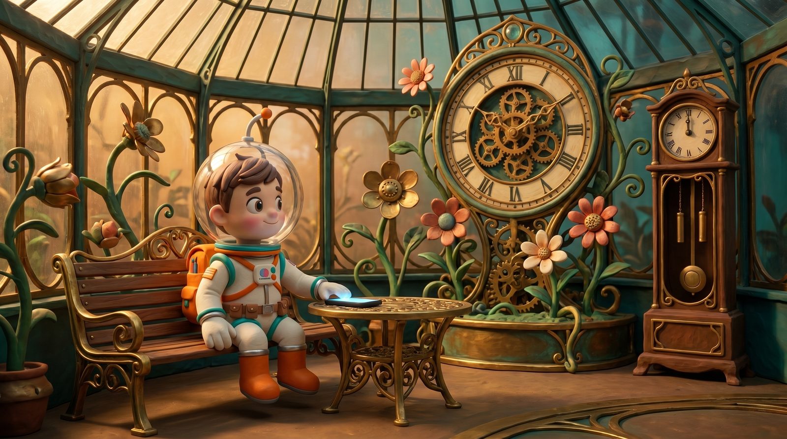 Cosmo on the mezzanine of the Clockwork Garden — a walk-in brass-and-amber conservatory of meshing gears — setting his phone face-down on the filigree rail to watch the great floor-wheel turn, reclaiming his attention