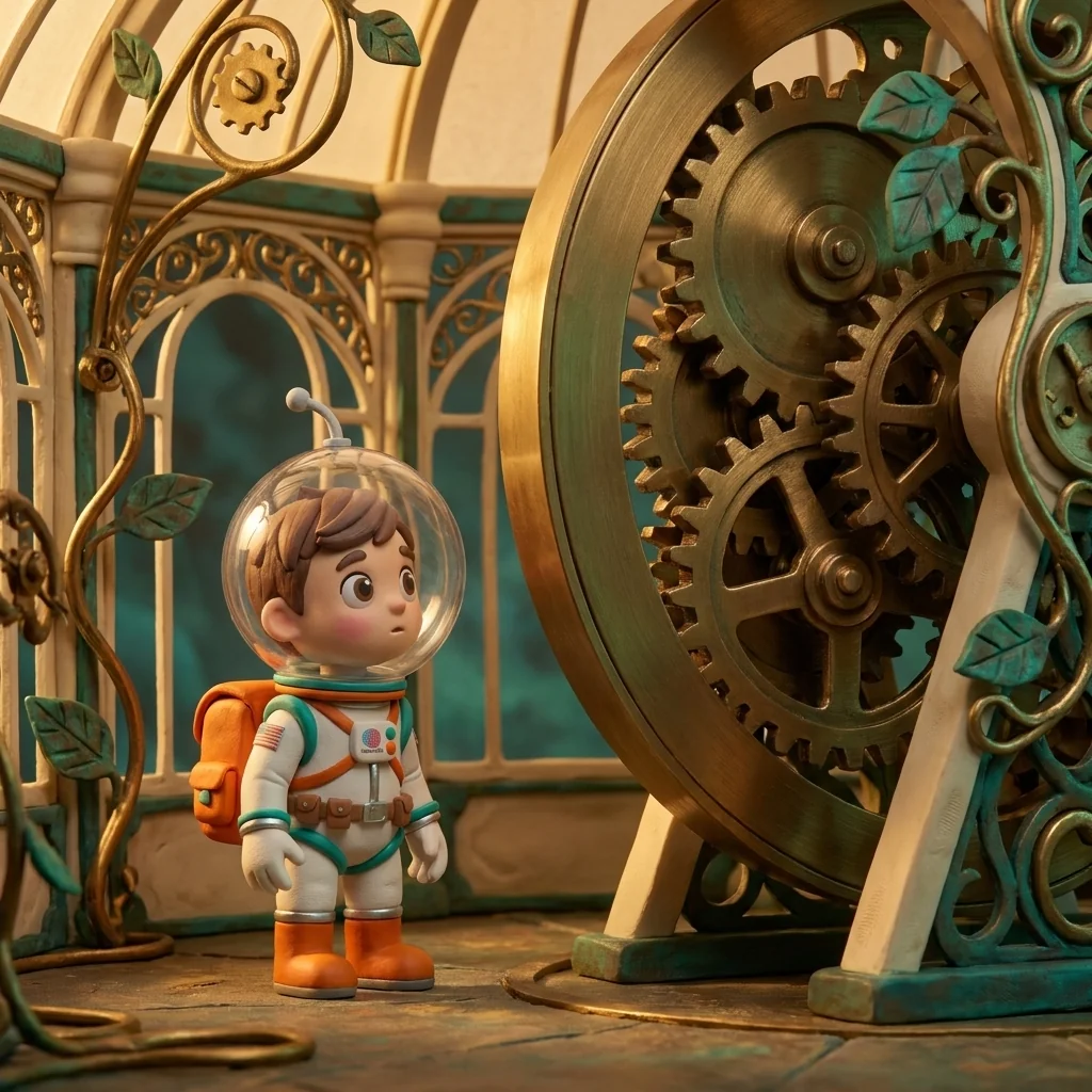 Cosmo standing low beside the great slow floor-wheel of the Clockwork Garden — a walk-in brass-and-amber conservatory of meshing gears — watching one gear-tooth click into the next, in the U24 Clockwork Garden universe