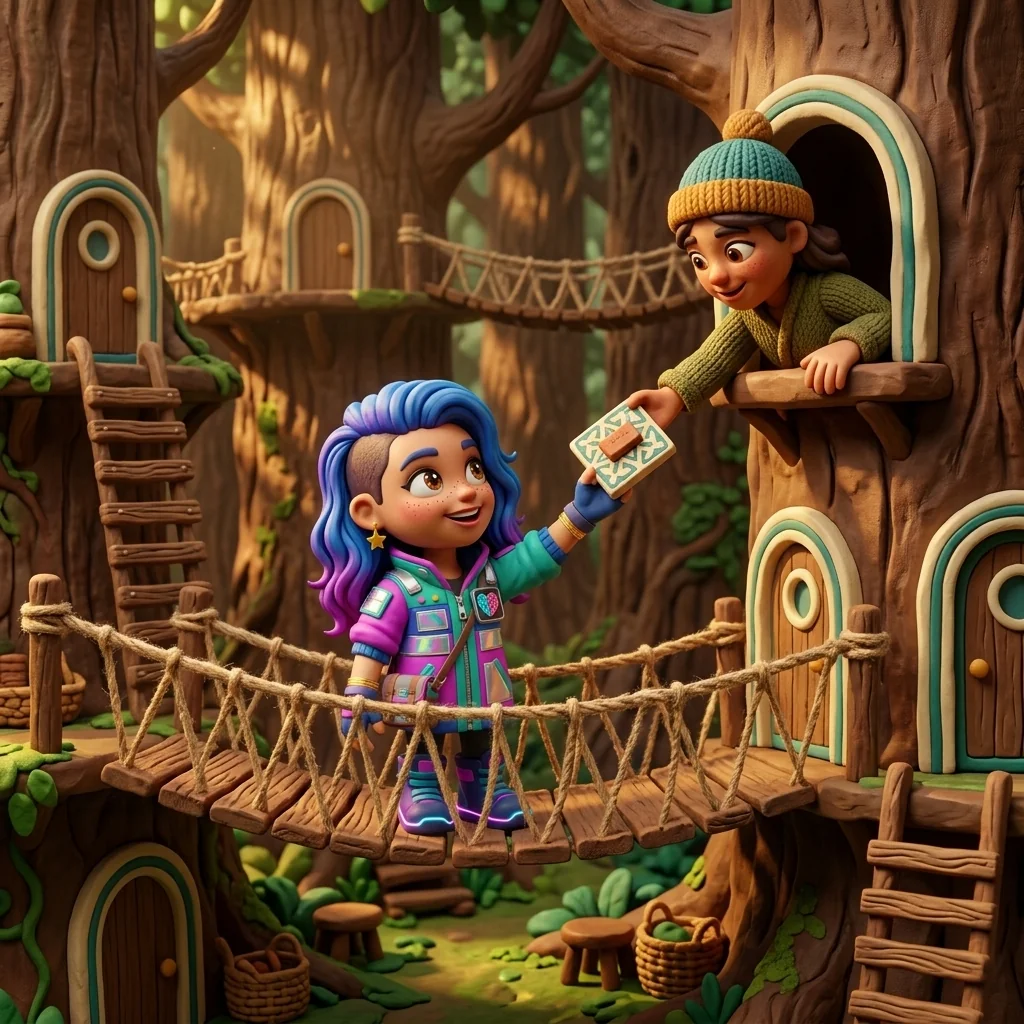 Stella on the woven rope-bridge of a great living tree-village, handing a small hand-carved tile up to a neighbour leaning from a doorway — one brick added on purpose, in the U13 Treehouse Commons universe