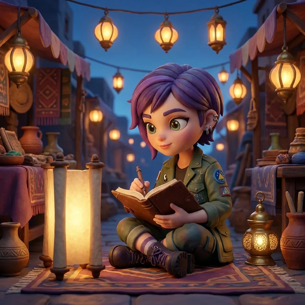 Luna alone in the lantern-lit Storyteller's Bazaar at dusk, closing a glowing scroll-screen and instead opening her worn leather notebook to write one true line by lamplight, in the U18 Storyteller's Bazaar universe