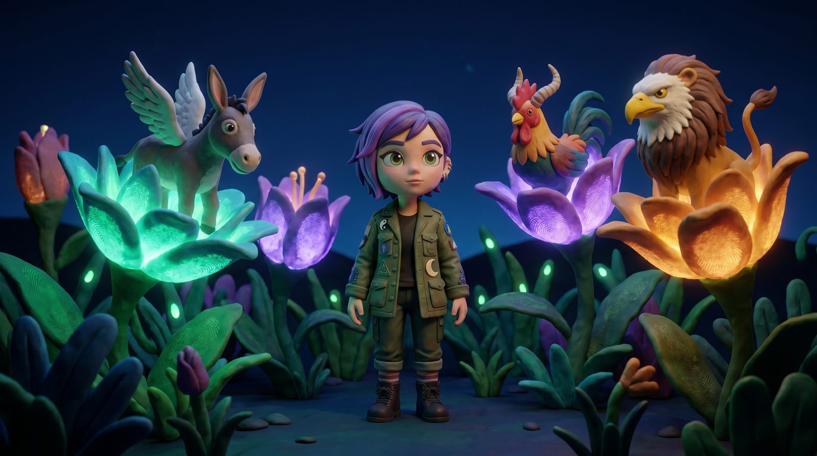Luna standing still in the glowing midnight garden of Botanical Bioluminescence as fantastical dream-creatures — a jade-winged serpent, a horned hummingbird, a many-eyed fox — emerge half-formed from the luminous night-flora, their impossible bodies lit from within by the same bioluminescence as the surrounding blooms
