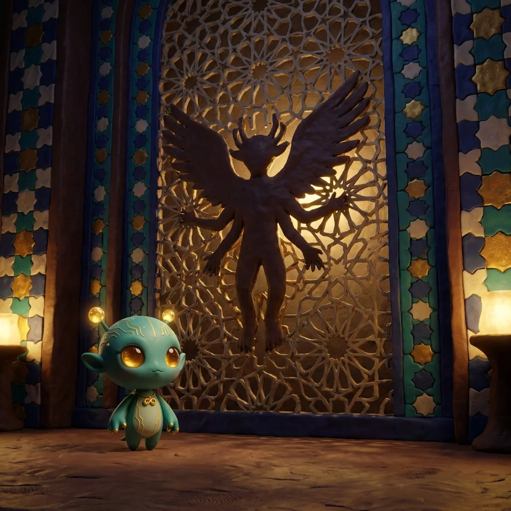 Nova standing small among the towering glowing girih-tiled walls of the Geometric Sacred universe, watching a star-and-polygon lattice on the wall slowly resolve into the silhouette of a winged, many-limbed creature, then dissolve back into pure pattern — the same impossible shape forming and unforming in the math