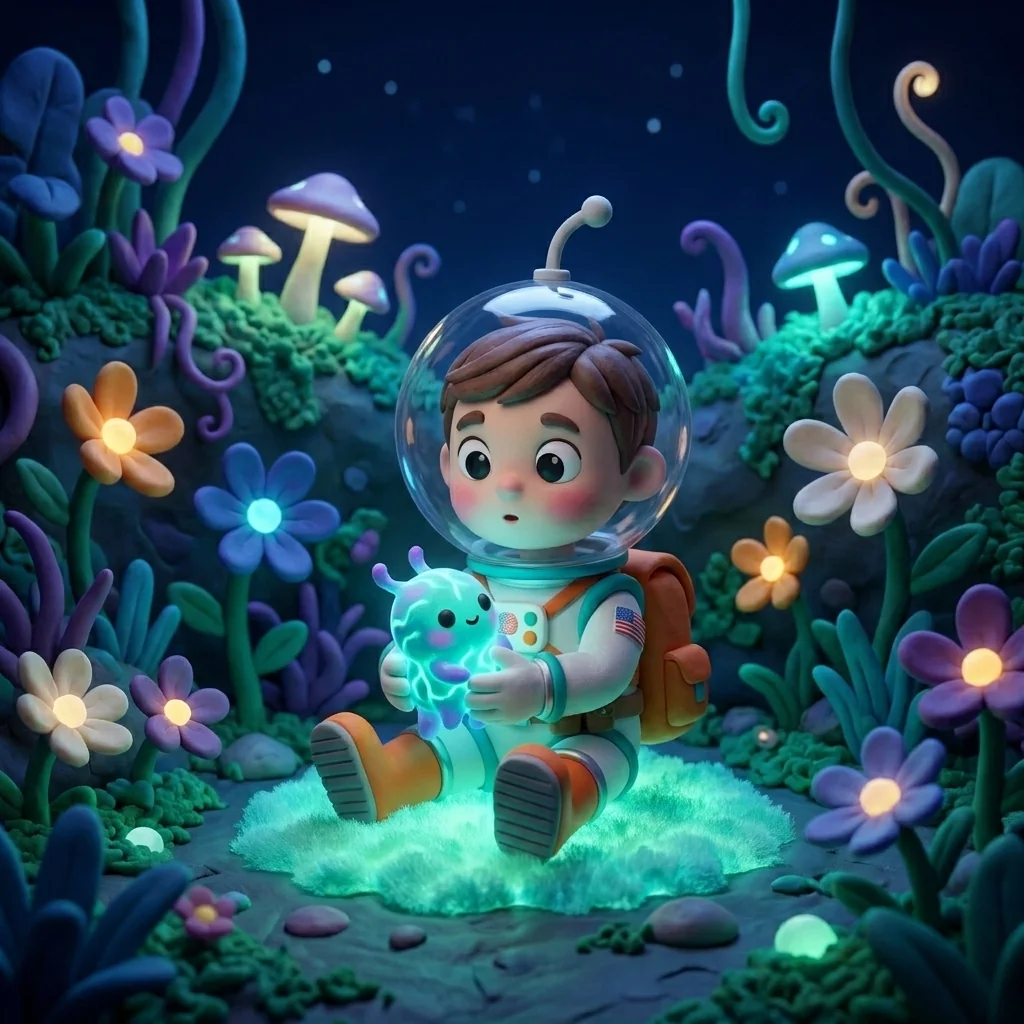 Cosmo seated on the soft moss floor of the Botanical Bioluminescence garden, his antenna bent on the fishbowl helmet, holding a small glowing dream-creature carved as if from luminous clay — its jade veins pulsing in time with the night-blooms around him, his face lit with quiet wonder