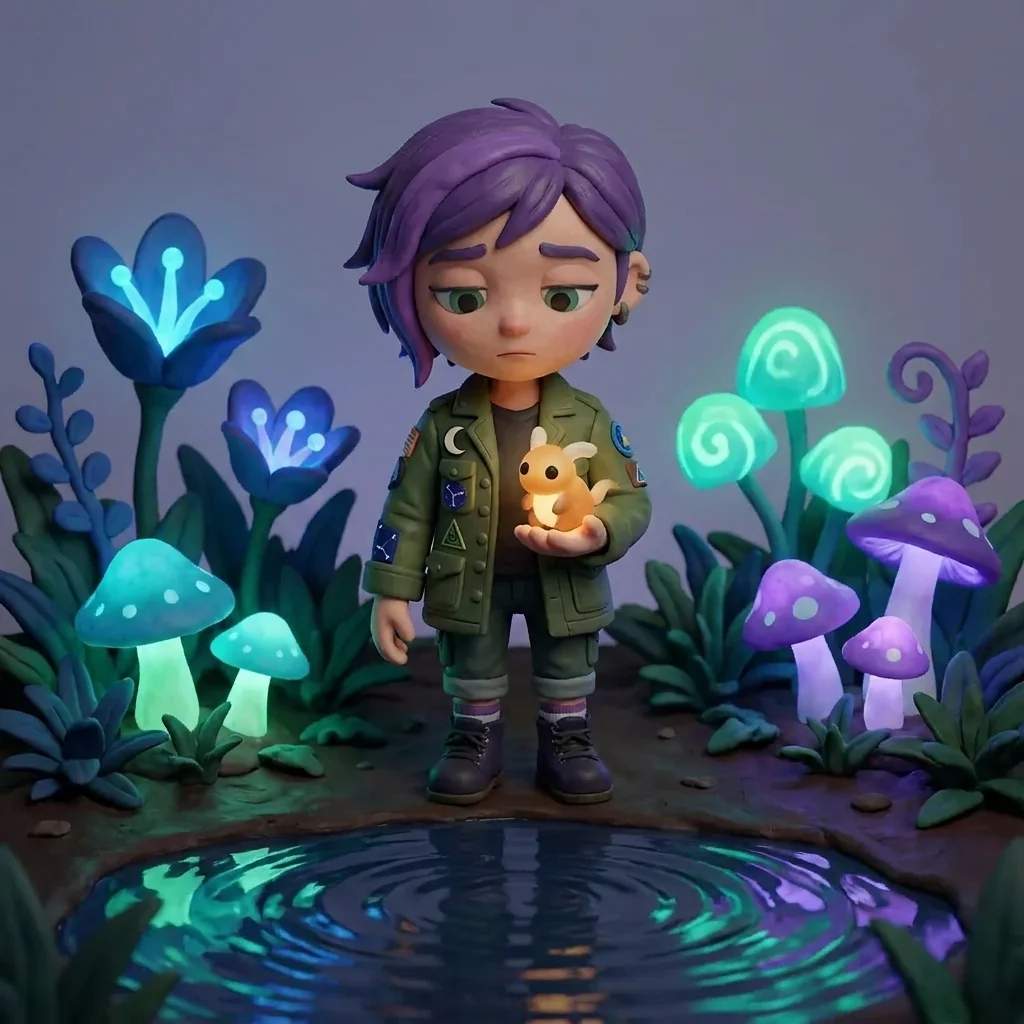 Luna standing perfectly still at the edge of the dark reflecting pool in the Botanical Bioluminescence garden, a small luminous dream-creature settling onto her open palm, the impossible flora breathing their glow slowly up and down behind her — the dream holding still long enough to be seen