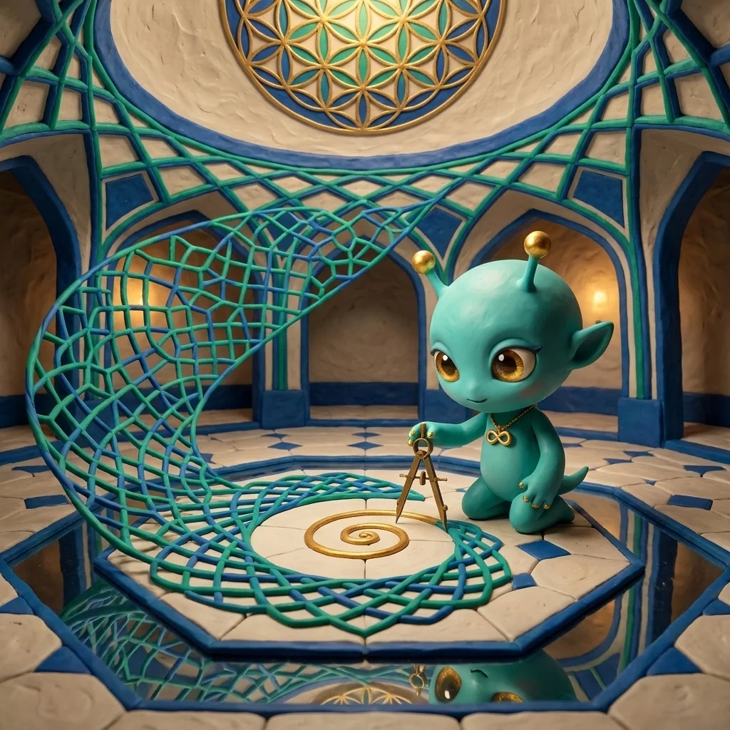Nova standing at the octagonal reflecting pool in the Geometric Sacred prayer-hall, holding a brass compass over a golden-spiral seed carved into the tile, the emerald-and-cobalt girih lattice spiraling outward from her hand toward the dome's Flower-of-Life boss