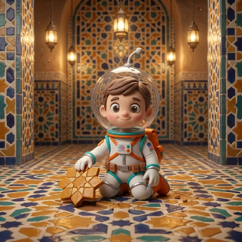 Cosmo with his fishbowl helmet and small bent antenna, kneeling on the zellige floor of the Geometric Sacred hall, pressing a single saffron-ochre clay polygon edge-to-edge into a star-and-polygon mesh that spreads out around him without ever repeating