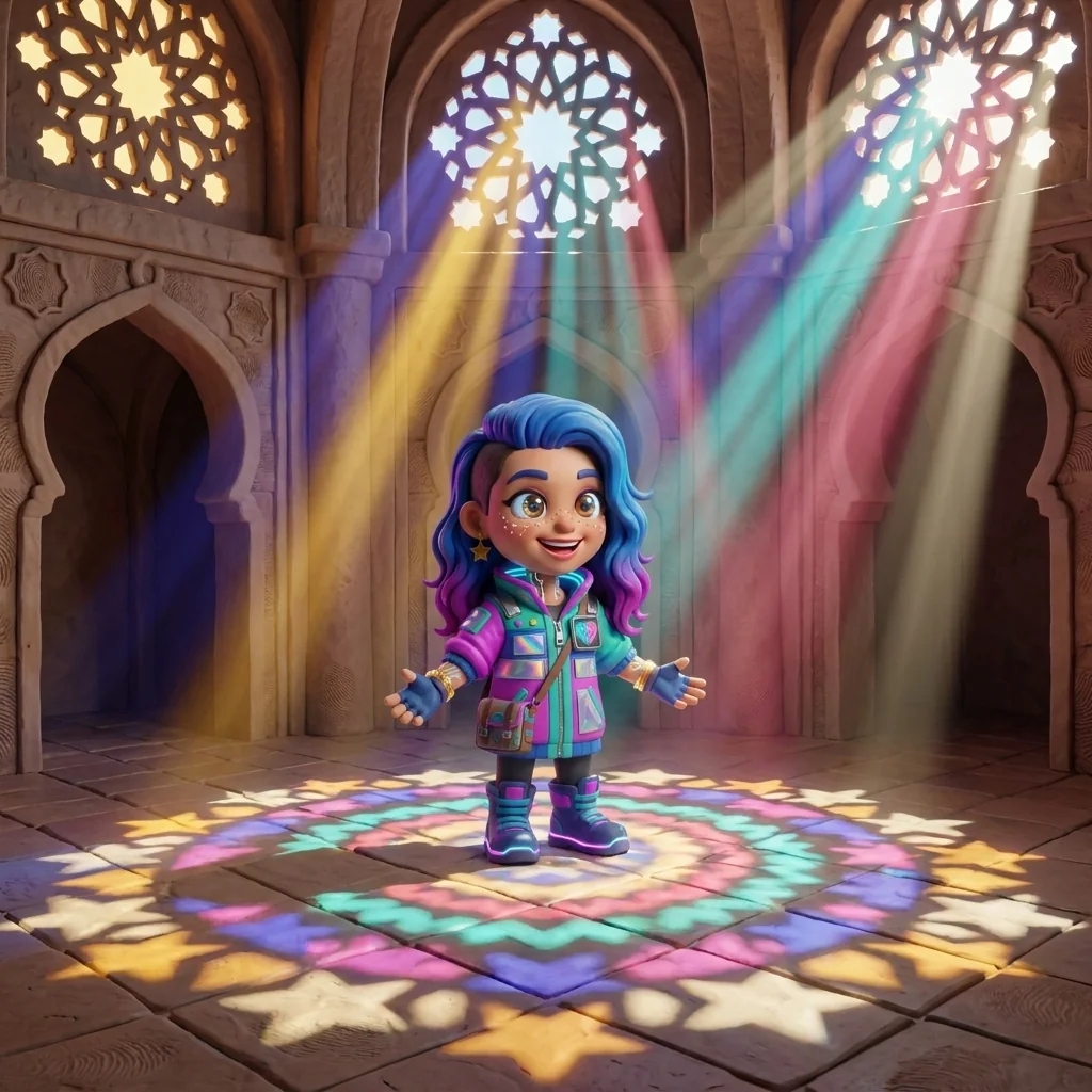 Stella in the Geometric Sacred hall at solar noon, standing in the slow rotating mandala of colored light projected through the pierced mashrabiya star-screens, arms slightly open as the overlapping star-shapes bloom into one perfect concentric pattern on the tiled floor around her
