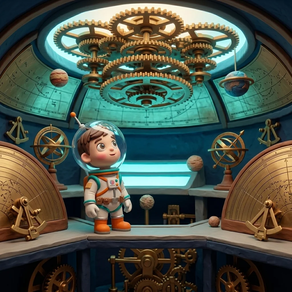 Cosmo in his fishbowl helmet with its small bent antenna, gazing up at a vast brass orrery whose gears stall against a glowing barrier of light, in the Brass Meridian Observatory universe — the built-in ceiling of the machine