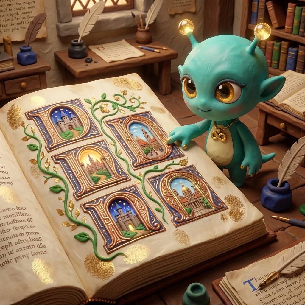 Nova running a fingertip along five glowing illuminated initials on a single vellum line, each drop-capital a doorway to a different century, in the Circuit Manuscript universe — one pattern, many ages