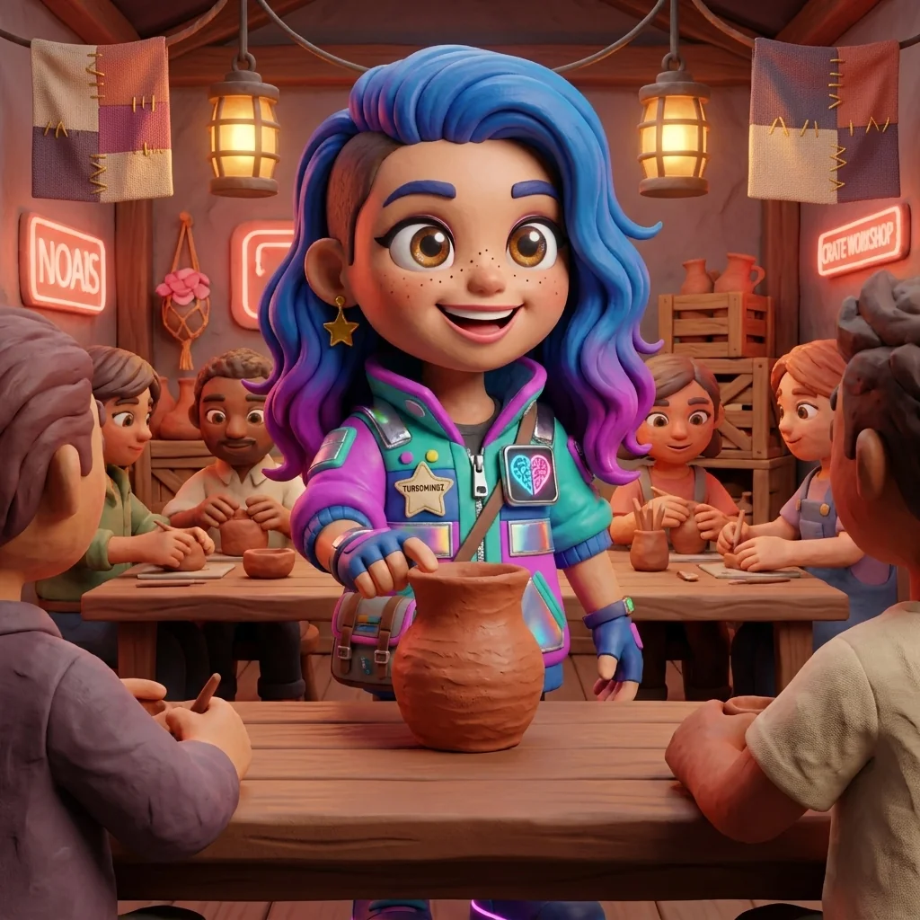 Stella setting a single hand-thrown clay vessel on a long communal table where neighbors gather, warm lanterns overhead, in The Village universe — the human hand, witnessed