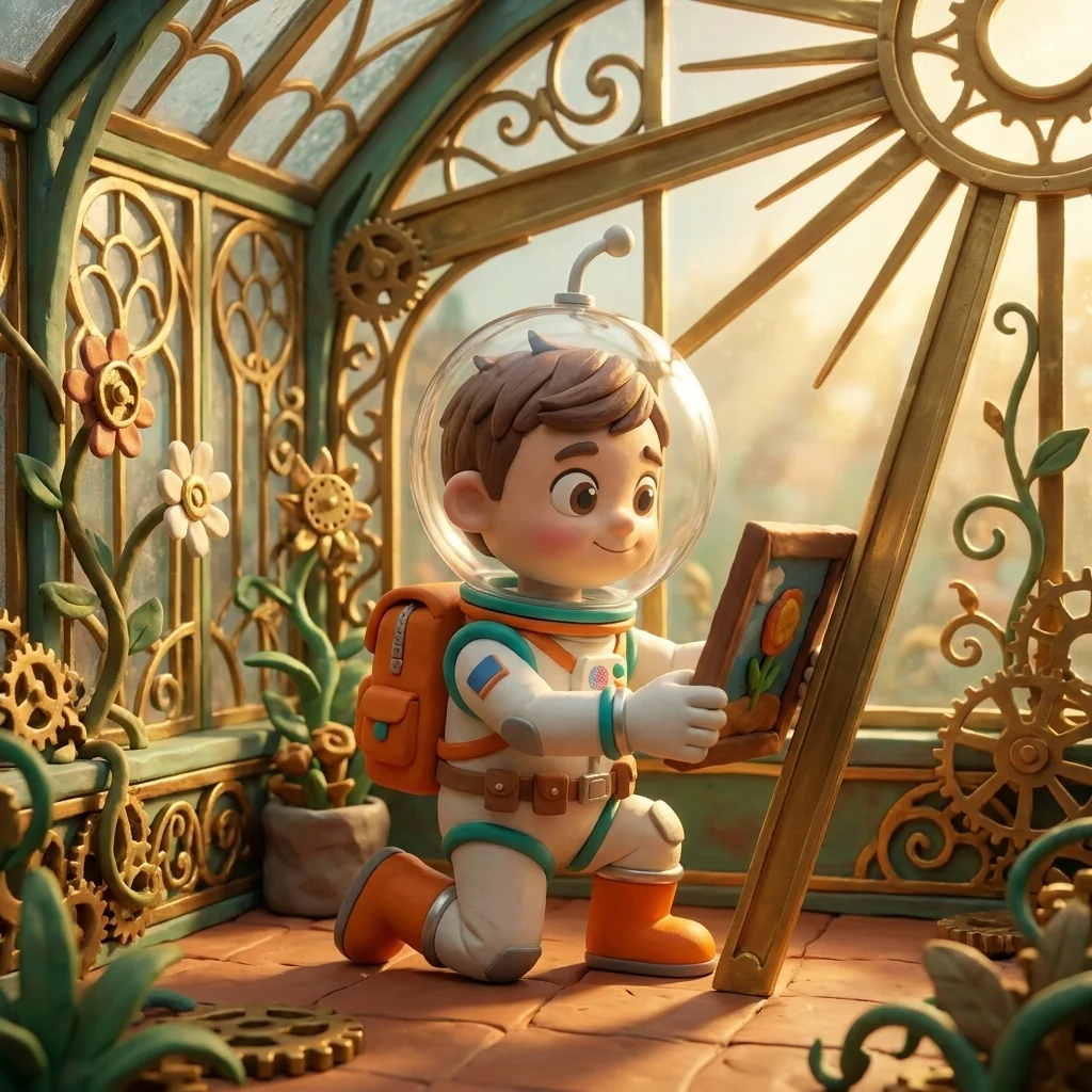 Cosmo in the Clockwork Garden, antenna bent on his fishbowl helmet, tilting a small framed piece against a brass sunbeam to find the exact angle where the morning light wakes it up — choosing where to hang it as a quiet ritual