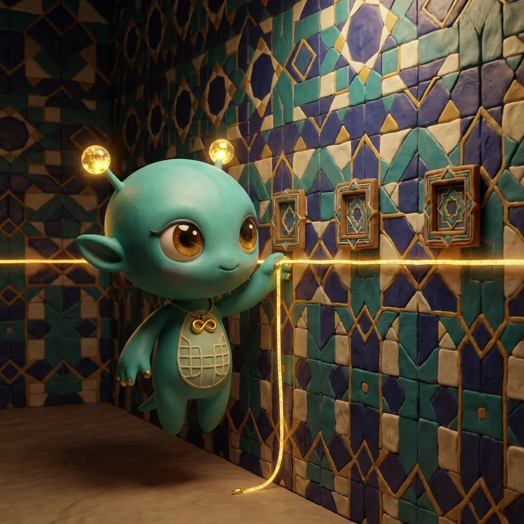 Nova in the Geometric Sacred universe, antennae-bobbles catching the light, holding a glowing measuring cord against a wall where three framed pieces align to one luminous golden horizon line — the eye-level rule as sacred geometry
