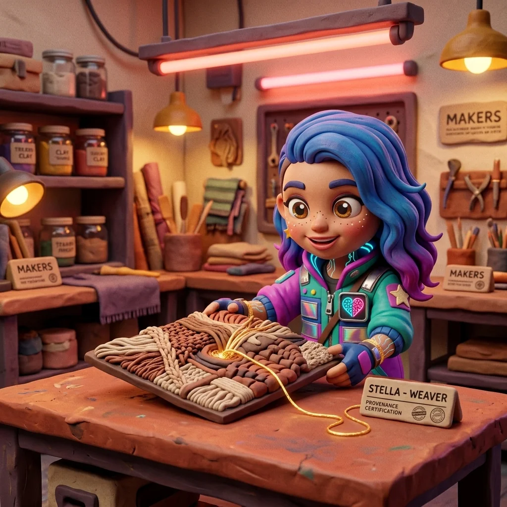 Stella in the Village setting a provenance-certified artwork on a communal table, a thread of gold collagen running from the piece to a named card beside it