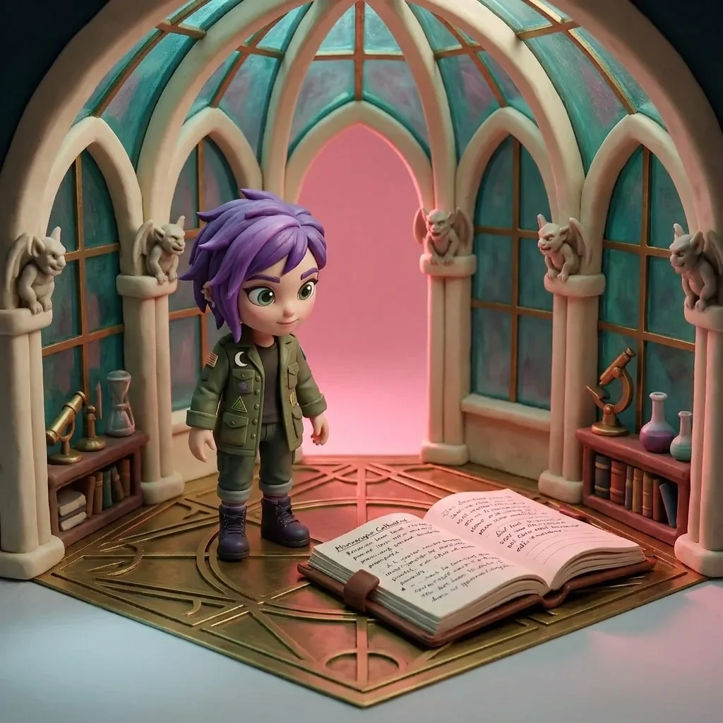 Luna in the Microscopic Cathedral leaving her leather notebook open on the ruled graticule floor, a single page of prompts and edits catching the rose backlight