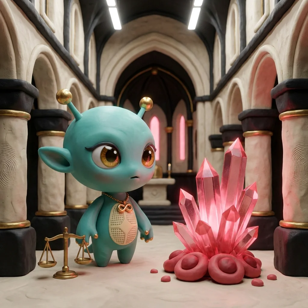 Nova beside a brass scale-bar in the cathedral nave, watching soft carmine cells snap upward into faceted crystal — generation resolving into authored structure