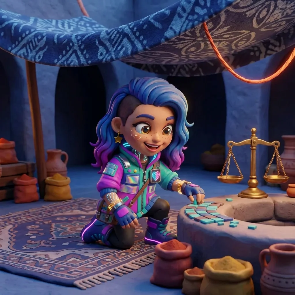 Stella crouched on a knotted carpet in a pool of cool indigo batik-awning shade in the Silk Road Interchange courtyard, gently pressing a tiny detail into a fresh mosaic tile at the well-rim — one madder-rust thread glowing in the indigo cloth above her, brass scales and spice-sacks laid out around the well